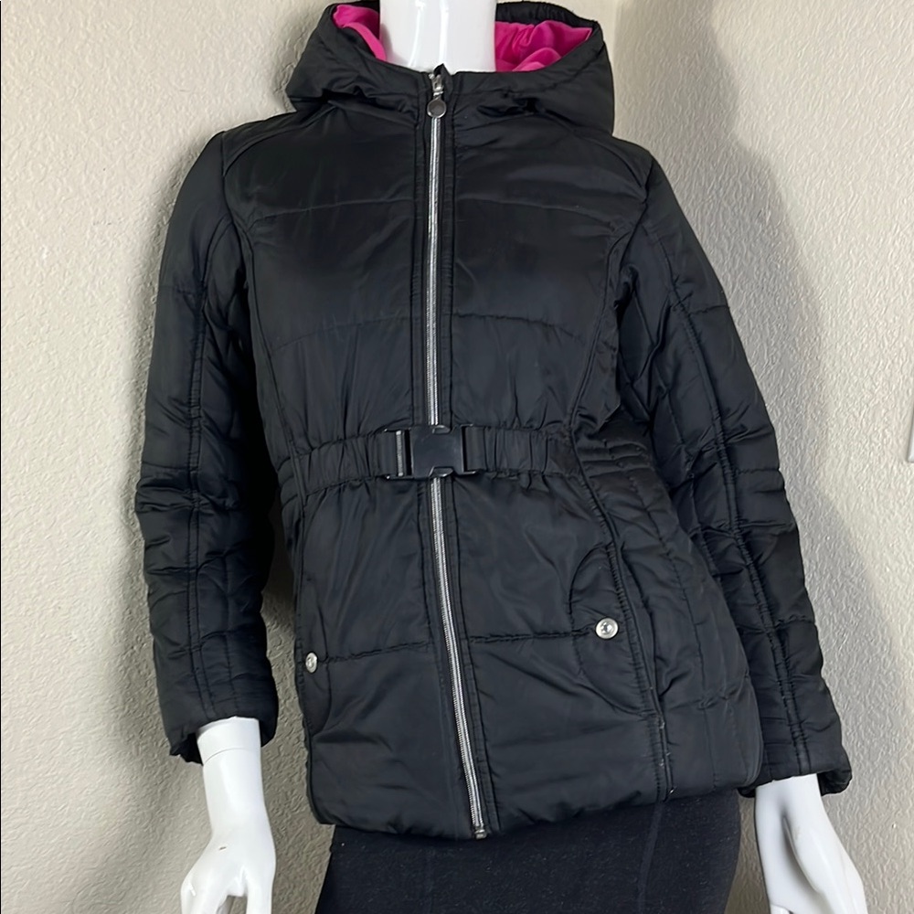 Black and Pink Quilted Puffer Jacket with Hood and Cinched Waist
